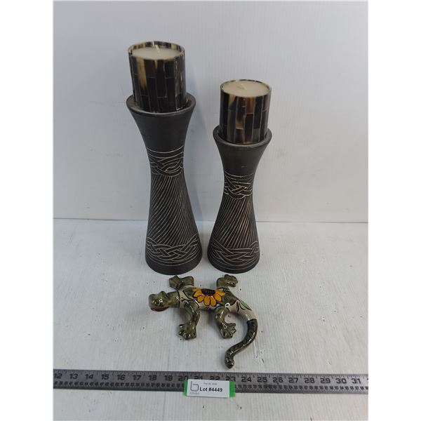 Pair of Carved Wood Candle Holders w/Candles, Porcelain Gecko