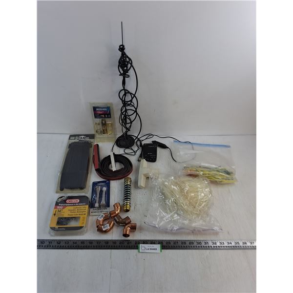 Assorted Cable Ties, 14" Saw Chain, Weather Stripping, Copper Elbows, Cobra "LaserEye" Antenna, Misc