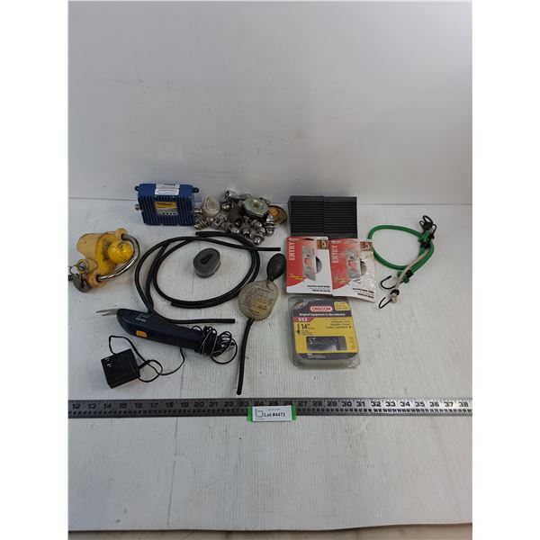 Wilson Cellular Amp, Locking Hitch, Wheel Chocks, 14" Saw Chain, Antifreeze Tester, Rad Caps, Misc.