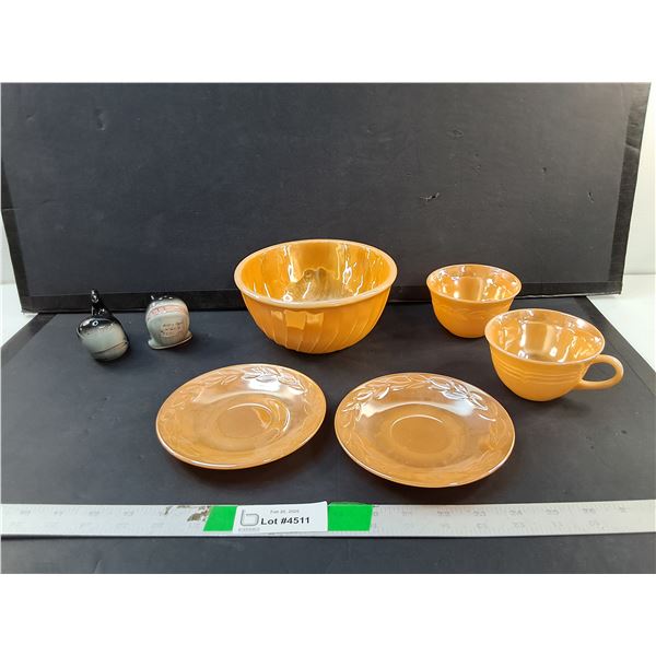 Fire King Lustreware Dish Set & Whale Salt & Pepper Shakers
