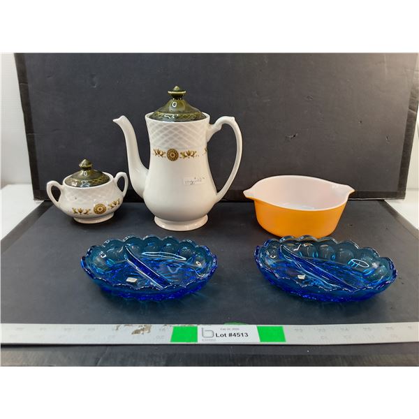 Wedgewood Teapot & Sugar Bowl, Glass Divided Bowls & Pyrex Bowl - PICK UP