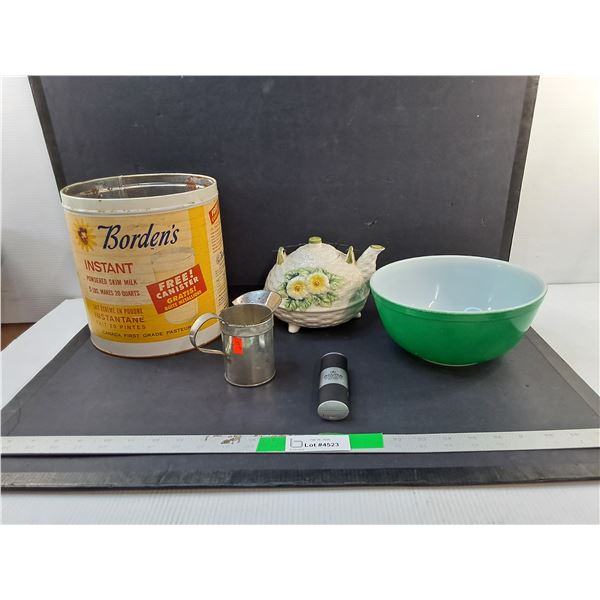 Borden's Instant Milk Tin 9", Pyrex Bowl, Ceramic Teapot