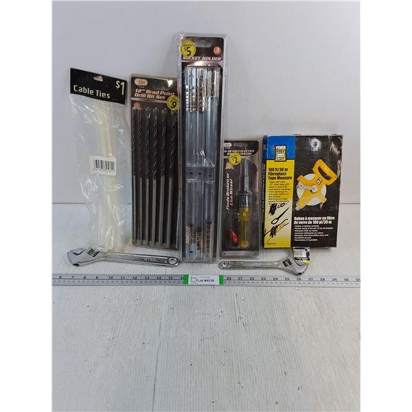 Tool Lot-12" Brad Point Drill Bit Set,Socket HolderTape Measure,(2)Crescent Wrenches and more