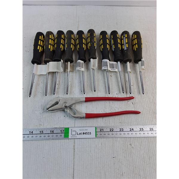 (10) Westward Screwdrivers and  10" Adjustable Plier