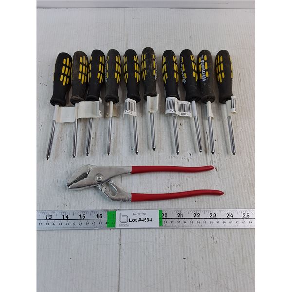 (10) Westward Screwdrivers and  10" Adjustable Plier