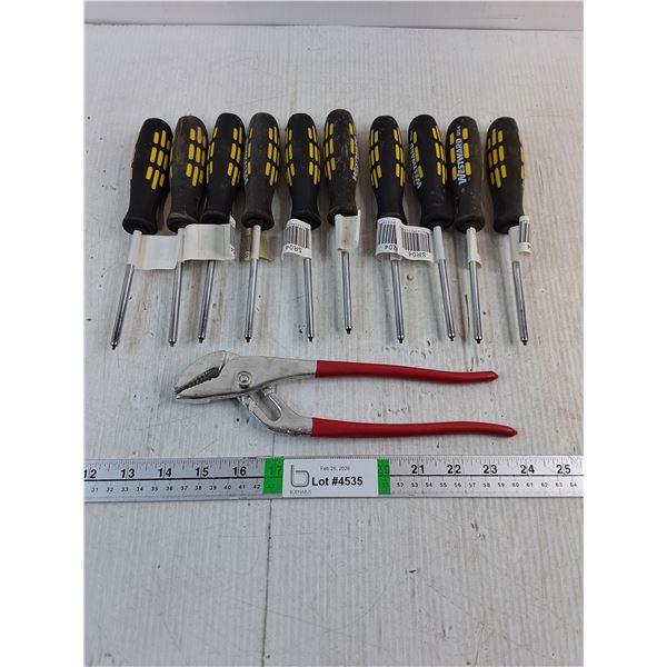(10) Westward Screwdrivers and  10" Adjustable Plier