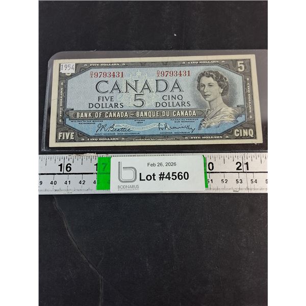 (1) 1954 Canada $5 Bank Note-Signed Beattie&Rasminsky-Used