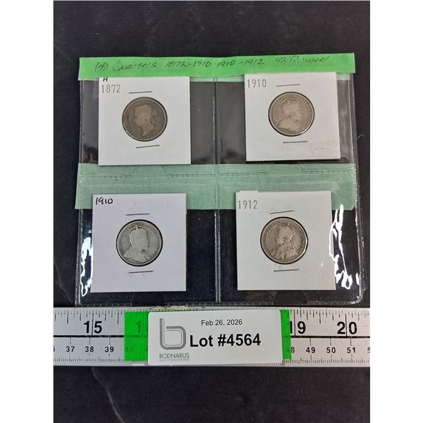 (4) Canadian Quarters-1872,(2) 1910 and 1912-92.5% Silver