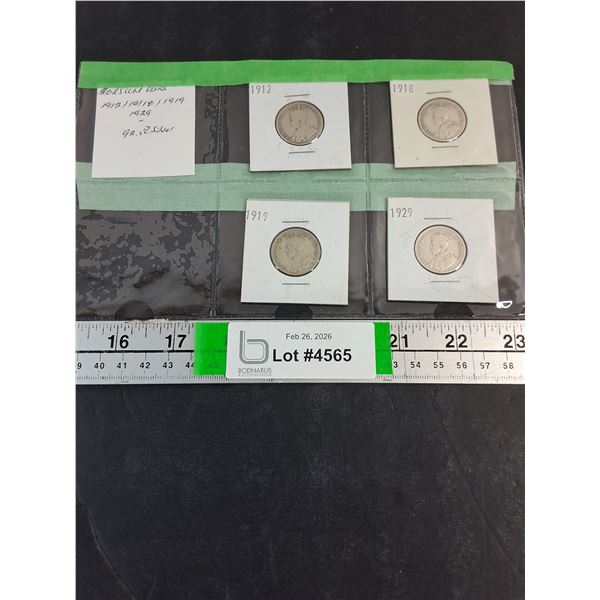 (4) Canadian Quarters-1912,1918,1919,1929-92.5% Silver