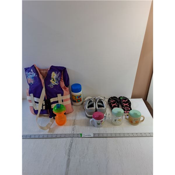 Assorted Kid Clothing/Items- Life Vests, Sippy Cups, Shoes (Size 2)
