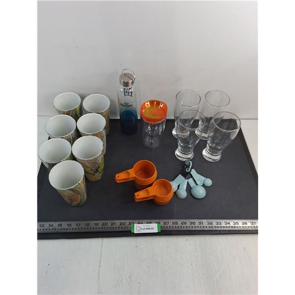 Assorted Drinking Glasses, Corona Travel Bottle, Kitchen Measure Utensils