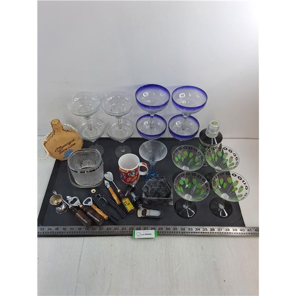 Assorted Glass & Plastic Margarita & Martini Glasses, Bartender Tools, Mexican Canteen, Coaster Set