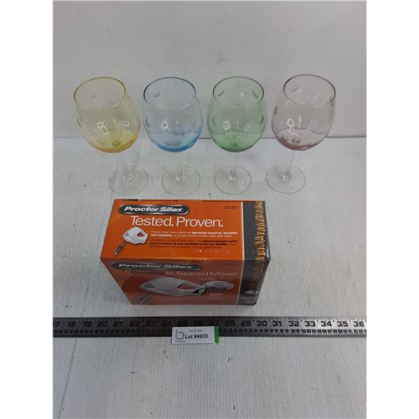 Set of 4 Wine Glasses, NIB Proctor Silex Durable 5-Speed Mixer
