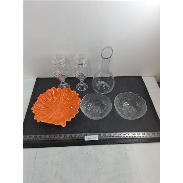 Glass Pitcher, Plastic Stemware, Leaf Bowls, Ceramic Flower Platter - PICK UP
