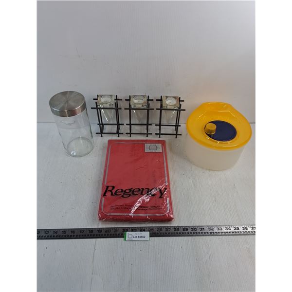 NIB Red Table Cloth, Set of 3 Candle Holders, Dry Food Storage, Salad Spinner