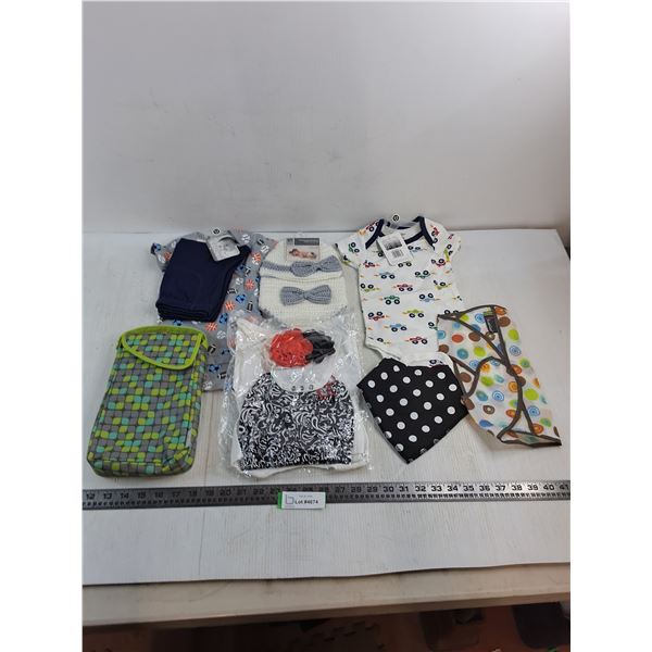 Assorted New 12-Month Baby Clothes, Bibs, Diaper Change Station Tote
