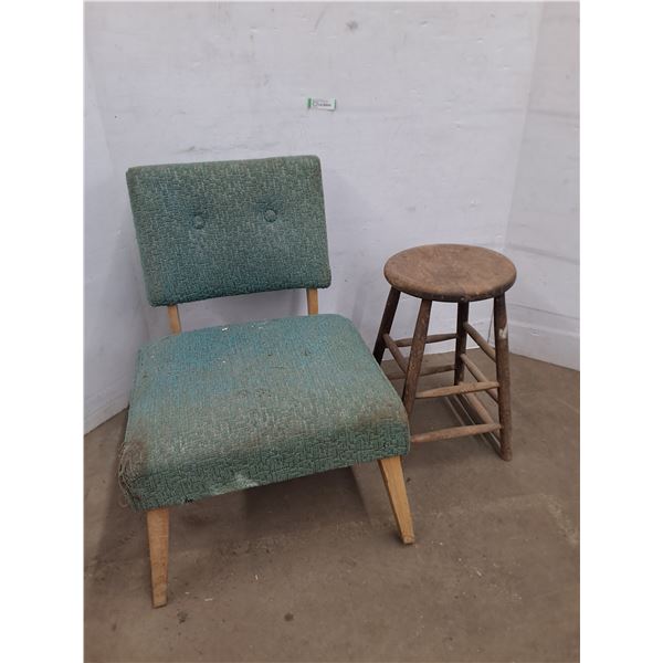 * Vintage Armless Lounge Chair & Wood Stool - Pickup Only