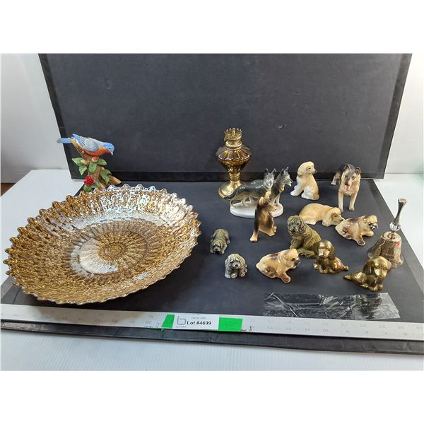 Ceramic & Brass Animal Figurines, Glass Tray 13", Misc.