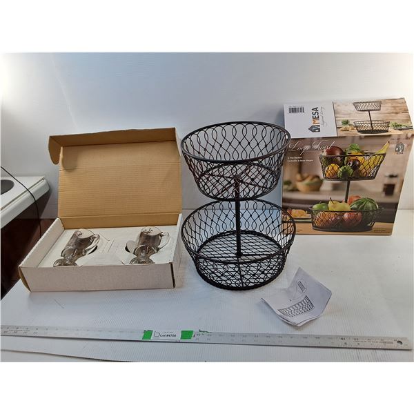 Metal 2 Tier Fruit Basket & Pioneer Glasses