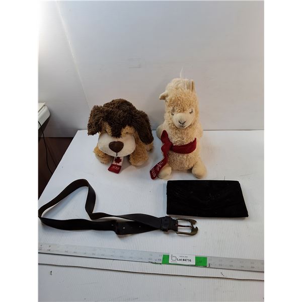 Llama & Dog Stuffies, Volcom Belt, Georgio Armani Clutch