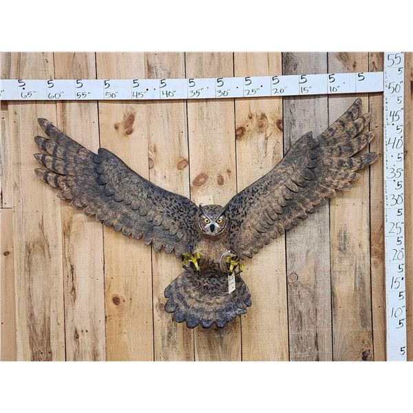 Hand Carved Great Horned Owl In Flight Wood Carving