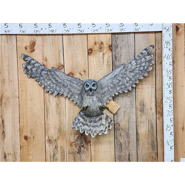 Hand Carved Grey Owl In Flight Wood Carving