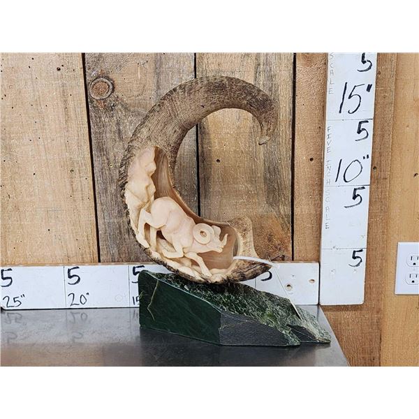 Hand Carved Stone Sheep Horn Taxidermy Artwork