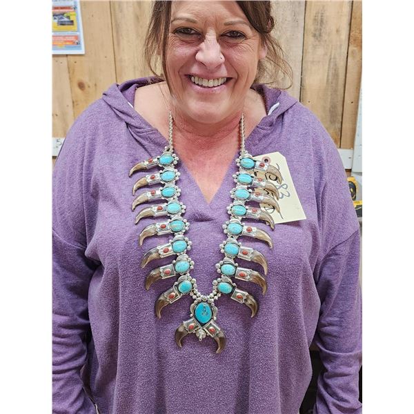 Gorgeous Navajo Squash Blossom Sterling Silver Bkack Bear Claw Necklace by Kenny Ray McNeilly Jr