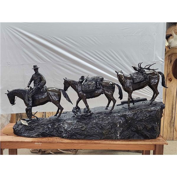 R. Clark Bronze Sculpture "Cowboy And Horses Crossing The Mountain "