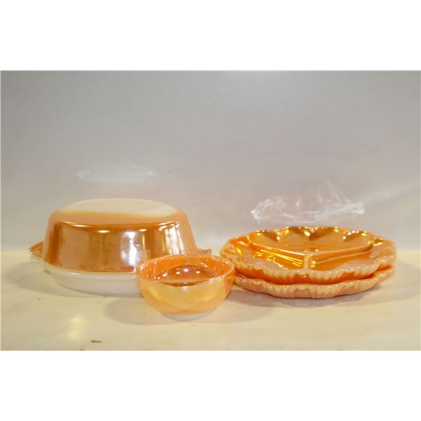 LOT OF PEACH LUSTRE FIREKING BAKEWARE AND