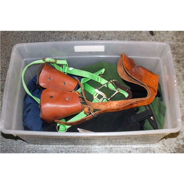 BIN OF HORSE ITEMS INCL BLANKETS BITS HALTER