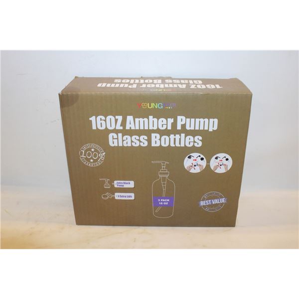 NEW 3 PACK AMBER PUMP GLASS BOTTLES