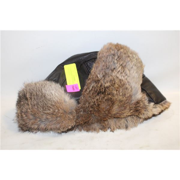 LARGE RABBIT FUR TRIM EAR FLAP HAT-ESTATE