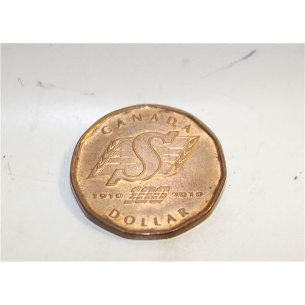 2010 SASKATCHEWAN ROUGHRIDERS LOONIE 100TH