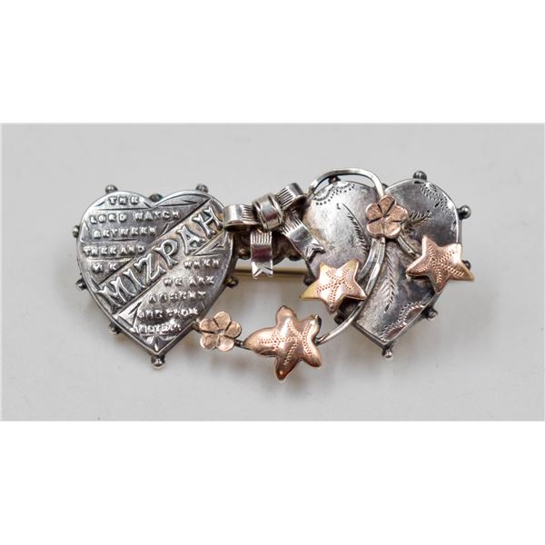 1920'S SILVER MIZPAH DOUBLE HEART BROOCH-4.93 G'S