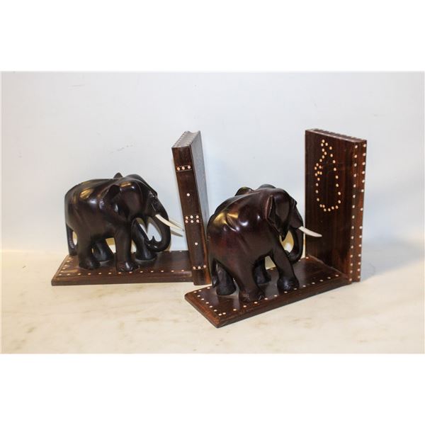VINTAGE HAND CARVED ELEPHANT BOOKENDS