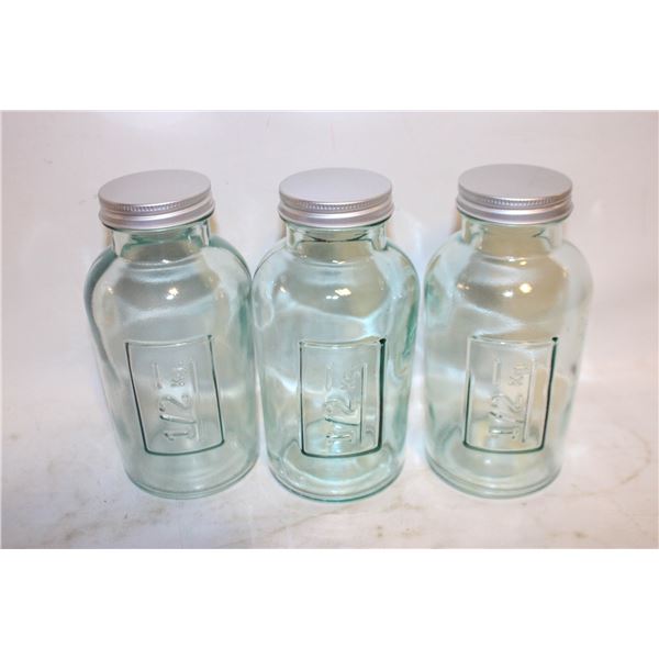 GREEN GLASS STORAGE JARS- 1/2 KG VOLUME- SET OF 3