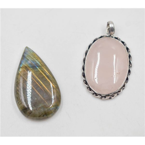 #245-NATURAL LABRADORITE STONE & ROSE QZ PENDANT