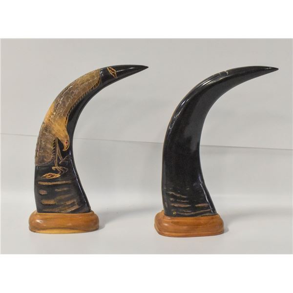 VINTAGE HAND CARVED BUFFALO HORN SCULPTURE (2)
