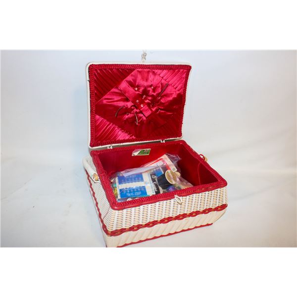 VINTAGE WICKER SEWING BASKET W/NOTIONS