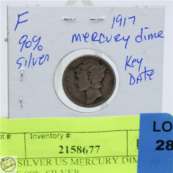 1917 SILVER US MERCURY DIME KEY DATE 90% SILVER