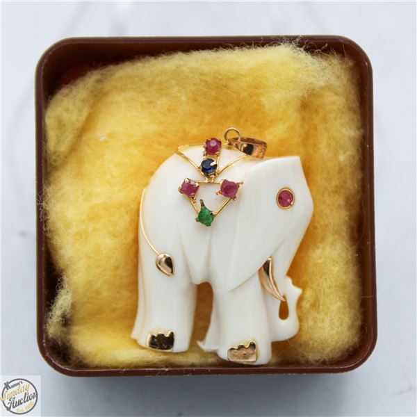 CARVED BONE ELEPHANT STAMPED '14K 1/20' PENDANT