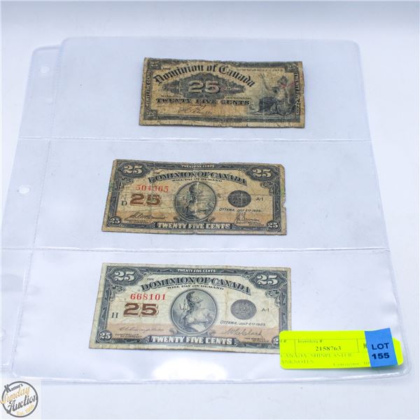 3 CANADA ‘SHINPLASTER’ BANKNOTES