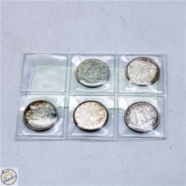 SILVER CANADIAN 10 CENT COINS (5)