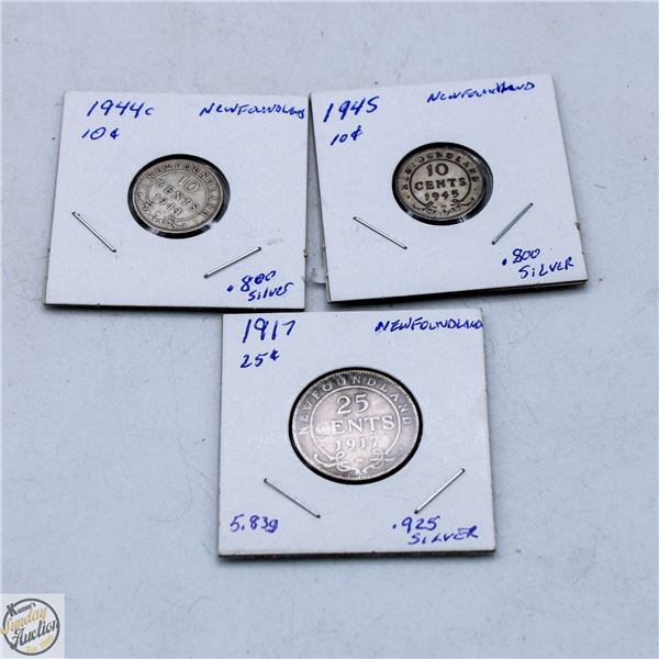 SILVER NEWFOUNDLAND COINS (3) 1917, 1944C, 1945