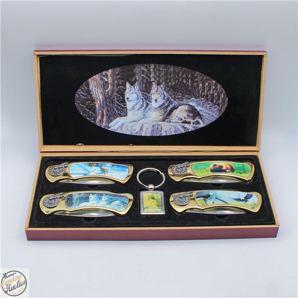 4 KNIFE COLLECTOR KNIFE SET IN WOOD BOX