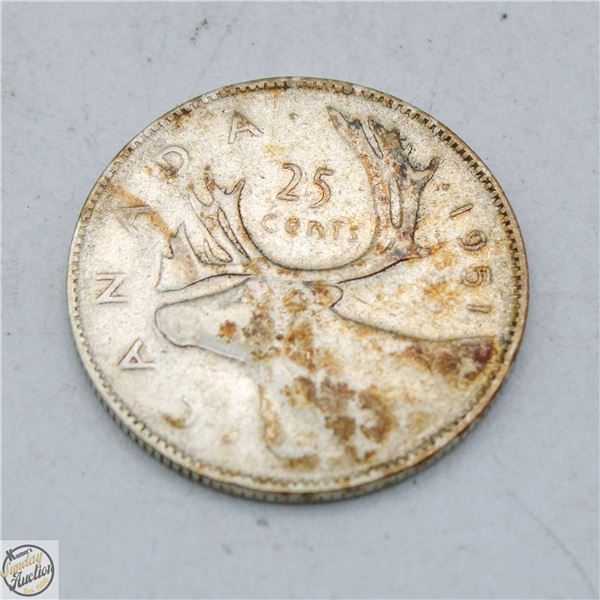 1951 SILVER CANADIAN 25 CENT COIN