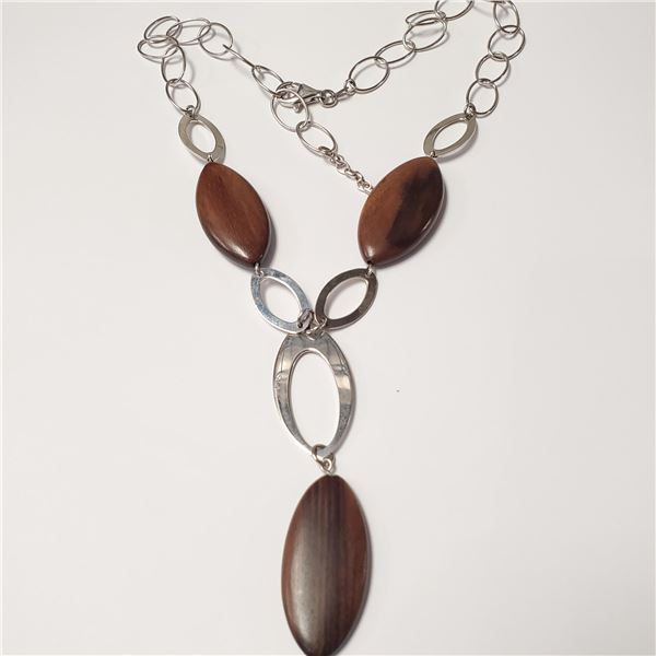 SILVER 24" TOTAL NATURAL WOOD NECKLACE