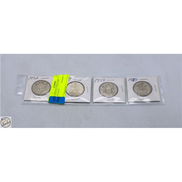 4 SILVER HALF DOLLARS 1952-57-58-59