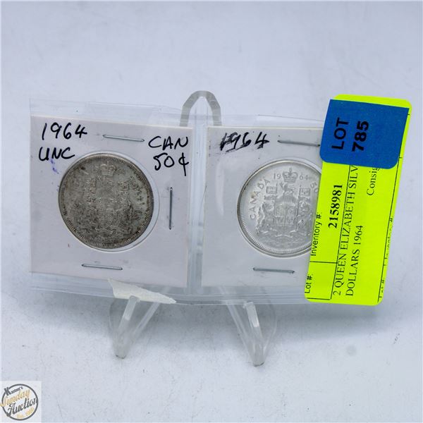 2 QUEEN ELIZABETH SILVER HALF DOLLARS 1964